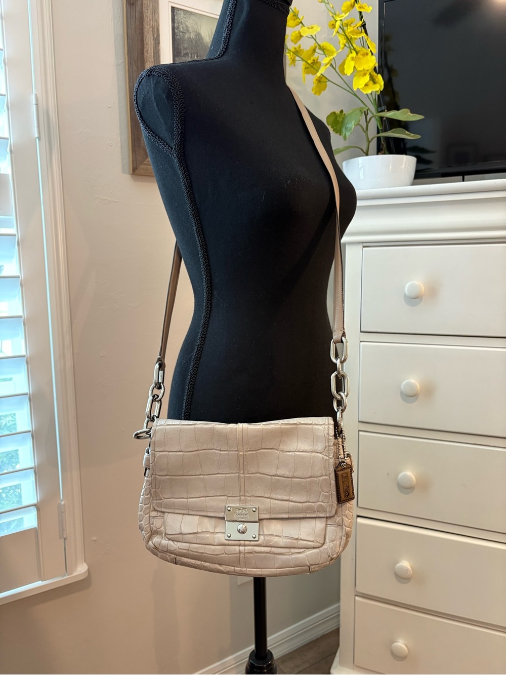 Coach Beige Croc-Embossed Leather Crossbody Bag with Silver Hardware